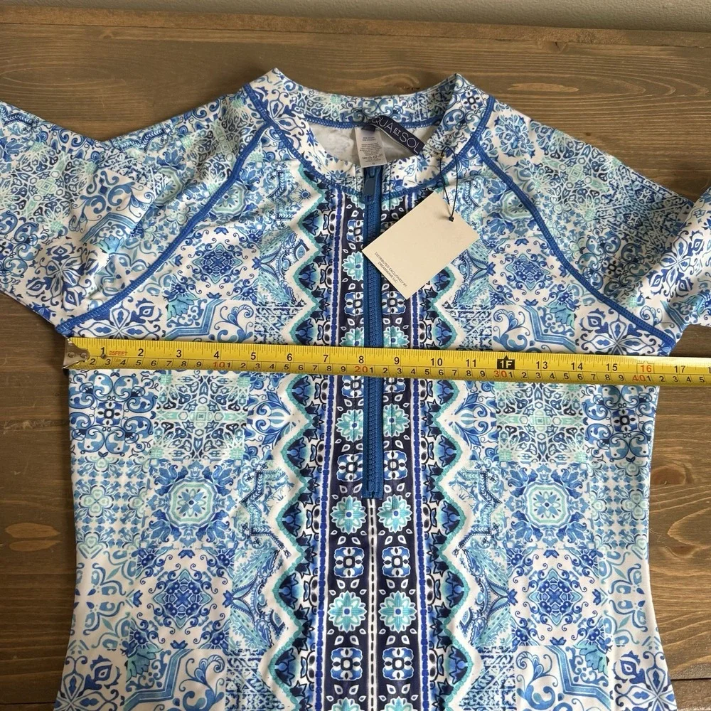 Aqua Et Sol Womens Small Blue White Medallion 1/2 Zip Long Sleeve‎ Rash Guard